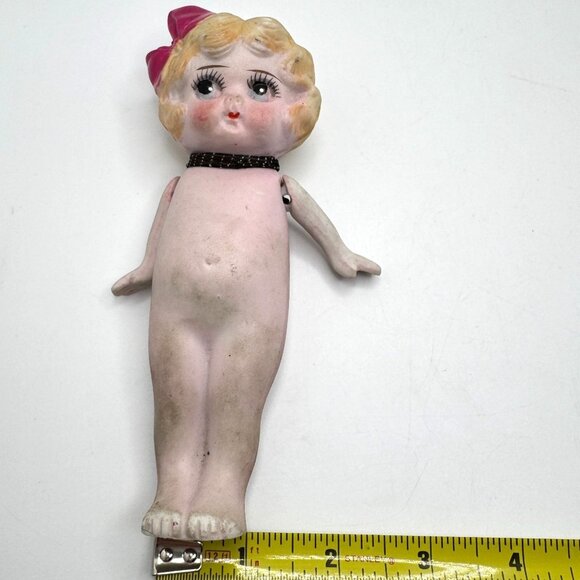 Bisque Vtg Porcelain Doll Pink Bow & Painted Face Made In Japan 6 Inches - Picture 4 of 11